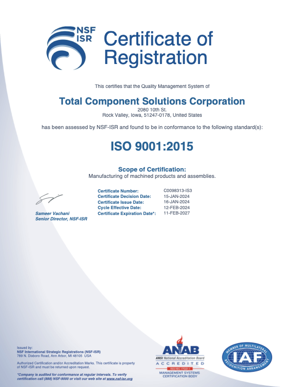 TCS's actual ISO 9001:2015 Certificate of Registration, issued by NSF-ISR